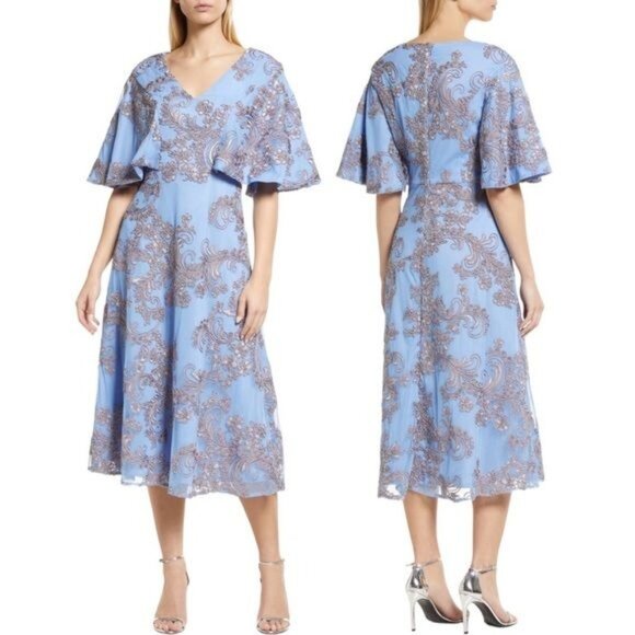 New JS Collection Saige Floral Brocade Cocktail Midi Dress in Sky Blue Size 6 - Picture 2 of 9